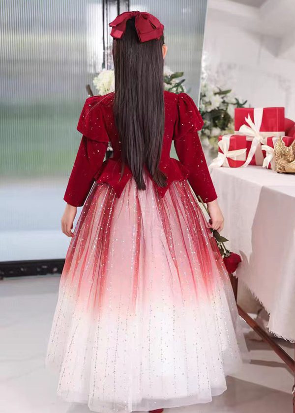 Gradient Color Red Patchwork Wrinkled Tulle Girls Long Dress Spring - Image 5