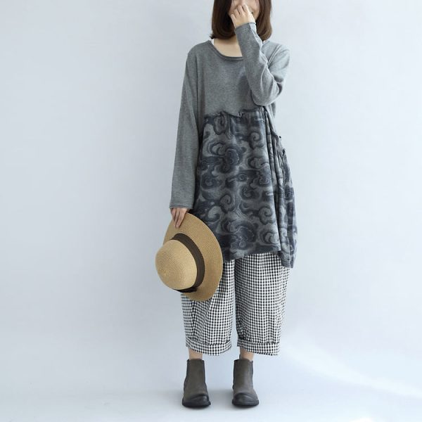 Gray clouds print patchwork winter dresses plus size sweat dress cotton maternity clothing - Image 2