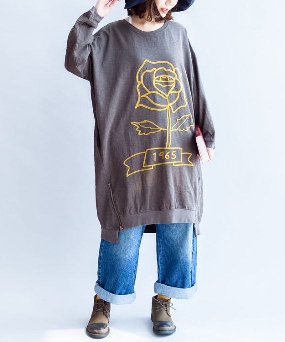 Gray rose print cotton spring dresses zippered hem details oversize dress