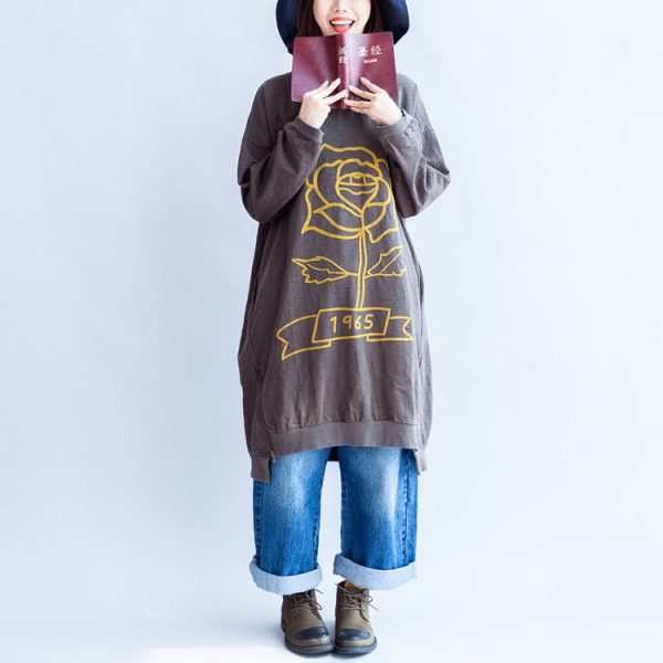 Gray rose print cotton spring dresses zippered hem details oversize dress - Image 2