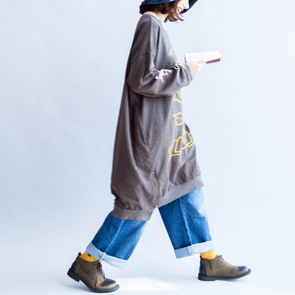 Gray rose print cotton spring dresses zippered hem details oversize dress - Image 3