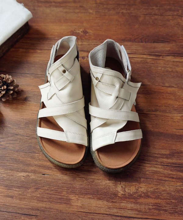 Green Cowhide Leather Retro Splicing Best Flat Sandals Hollow Out - Image 2