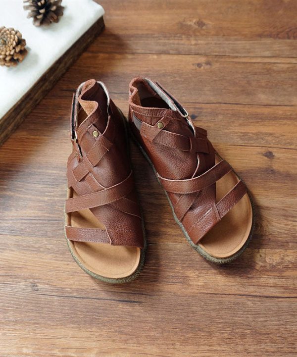 Green Cowhide Leather Retro Splicing Best Flat Sandals Hollow Out - Image 3