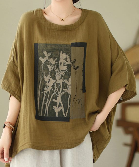 Green Low High Design Cotton t Shirts Top O Neck Batwing Sleeve
