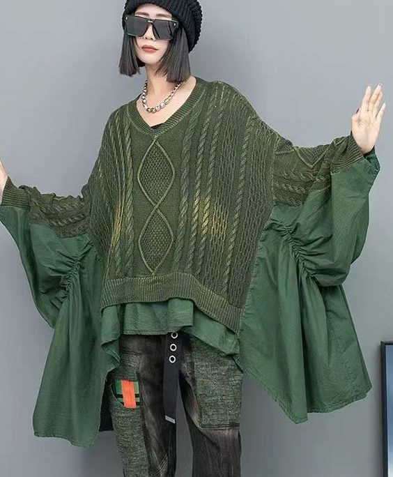 Green Patchwork Knit Pullover V Neck Ruffled Batwing Sleeve