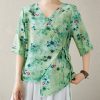 Green Print Lace Up Cotton Blouse Top V Neck Summer