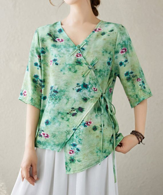 Green Print Lace Up Cotton Blouse Top V Neck Summer