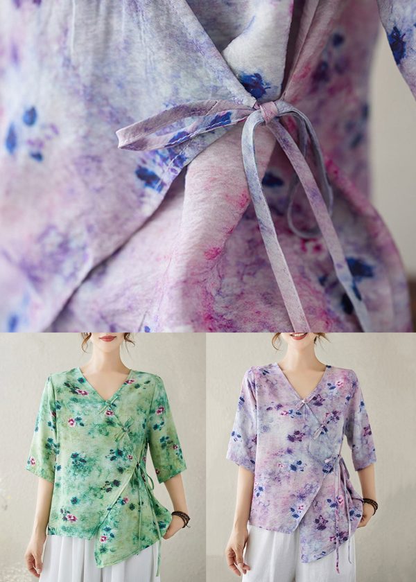 Green Print Lace Up Cotton Blouse Top V Neck Summer - Image 5