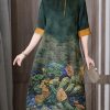Green Print Silk Long Dress Mandarin Collar Zippered Short Sleeve