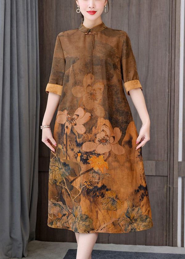 Green Print Silk Long Dress Mandarin Collar Zippered Short Sleeve - Image 2