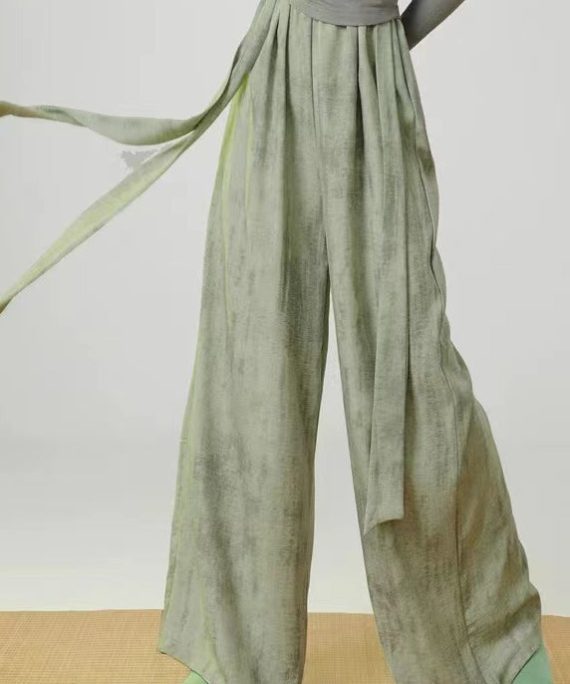 Green Tie Dye Linen Straight Pants Elastic Waist Spring