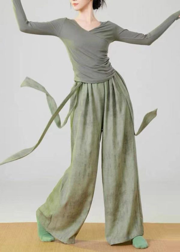 Green Tie Dye Linen Straight Pants Elastic Waist Spring - Image 3