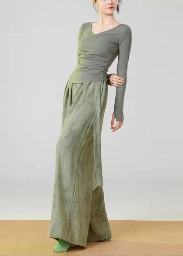Green Tie Dye Linen Straight Pants Elastic Waist Spring - Image 4