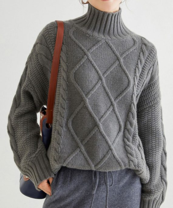 Grey Cozy Cable Cashmere Sweaters Turtleneck Spring