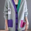 Grey Pockets Patchwork Loose Cotton Cardigans V Neck Spring