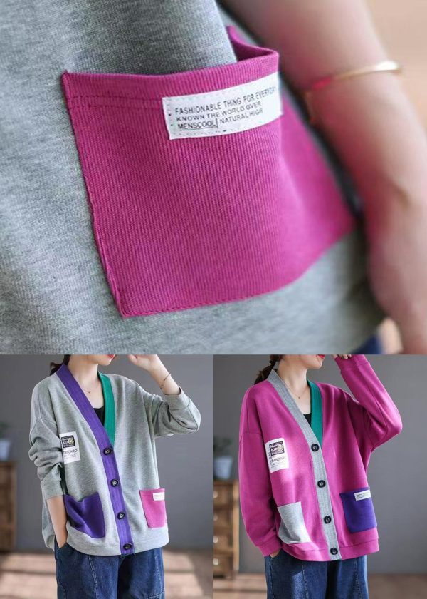 Grey Pockets Patchwork Loose Cotton Cardigans V Neck Spring - Image 5
