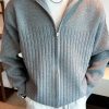 Grey Solid Knit Spring Men Coat Peter Pan Collar