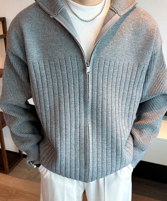 Grey Solid Knit Spring Men Coat Peter Pan Collar