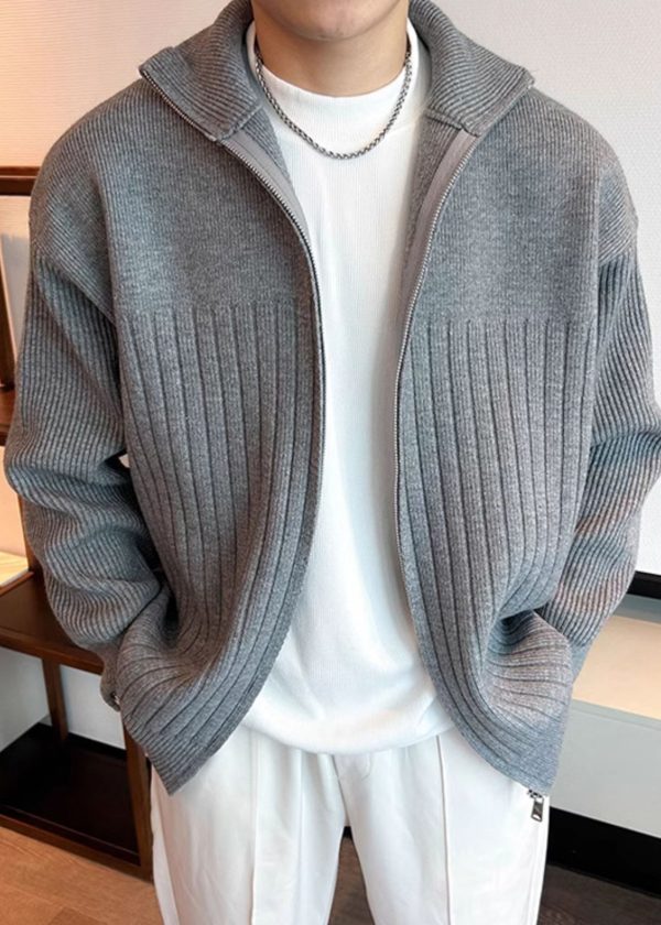 Grey Solid Knit Spring Men Coat Peter Pan Collar - Image 2