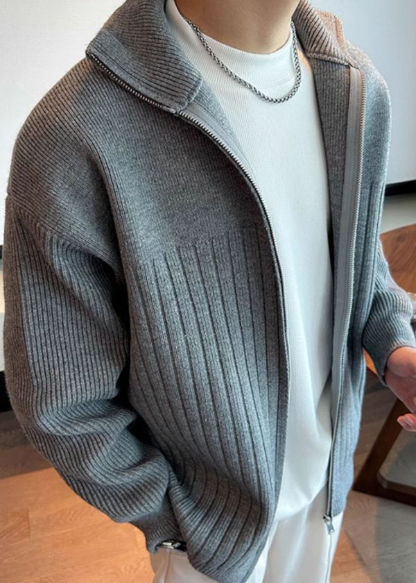 Grey Solid Knit Spring Men Coat Peter Pan Collar - Image 4
