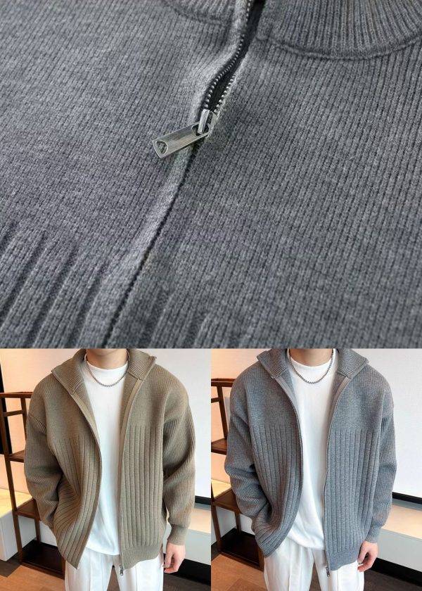 Grey Solid Knit Spring Men Coat Peter Pan Collar - Image 5