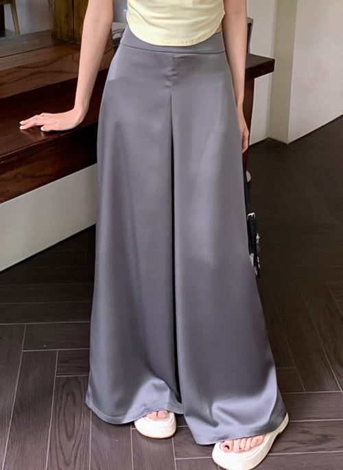 Grey Thin Silk Summer Wide Leg Pants High Waist