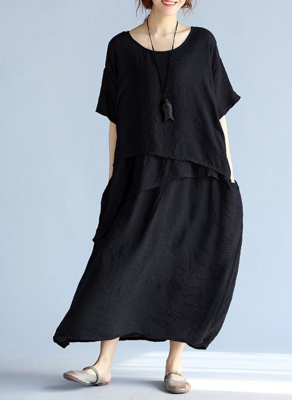 baggy gray long linen dresses oversized layered cotton maxi dress vintage short sleeve cotton clothing - Image 3