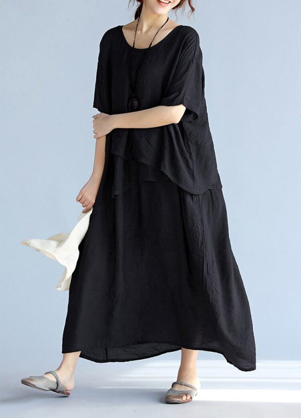 baggy gray long linen dresses oversized layered cotton maxi dress vintage short sleeve cotton clothing - Image 2