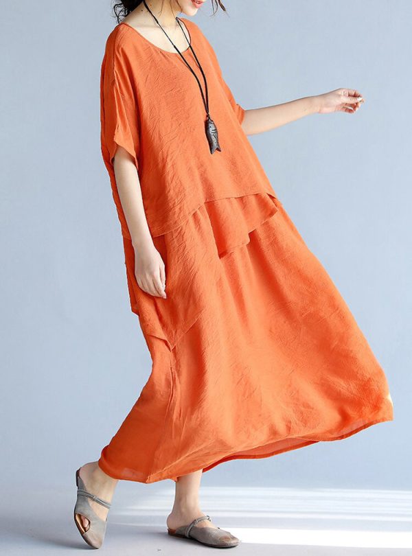 baggy gray long linen dresses oversized layered cotton maxi dress vintage short sleeve cotton clothing - Image 6