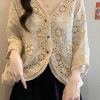 Handmade Apricot V Neck Hollow Out Button Cardigan Spring