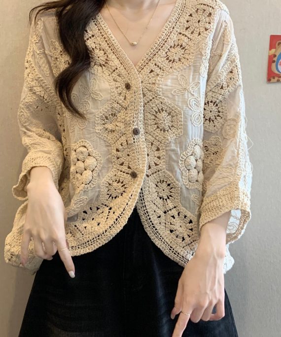 Handmade Apricot V Neck Hollow Out Button Cardigan Spring