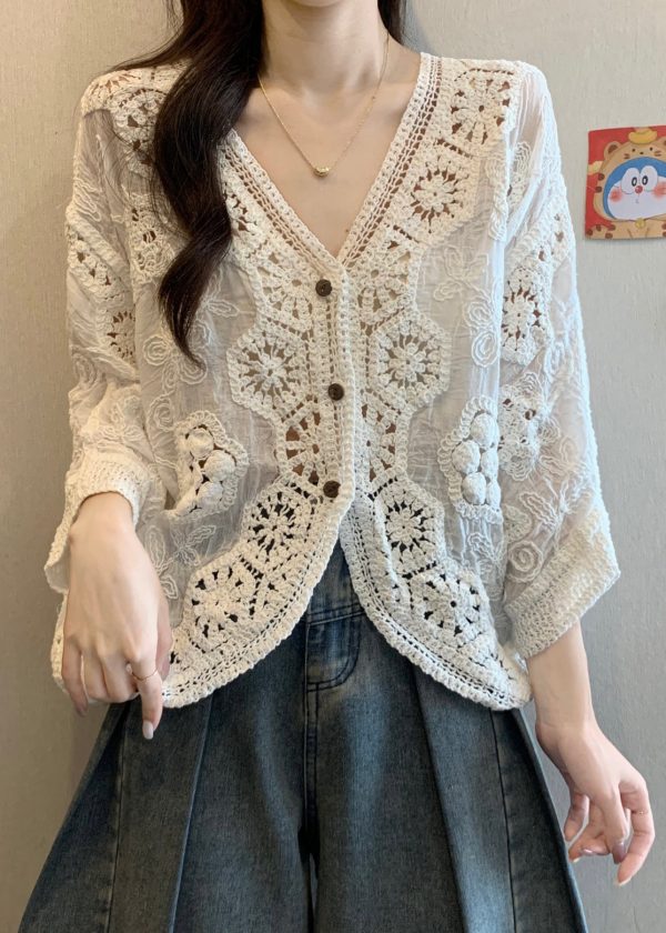Handmade Apricot V Neck Hollow Out Button Cardigan Spring - Image 2