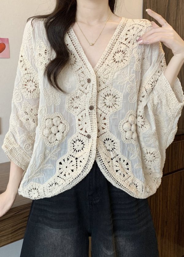 Handmade Apricot V Neck Hollow Out Button Cardigan Spring - Image 4