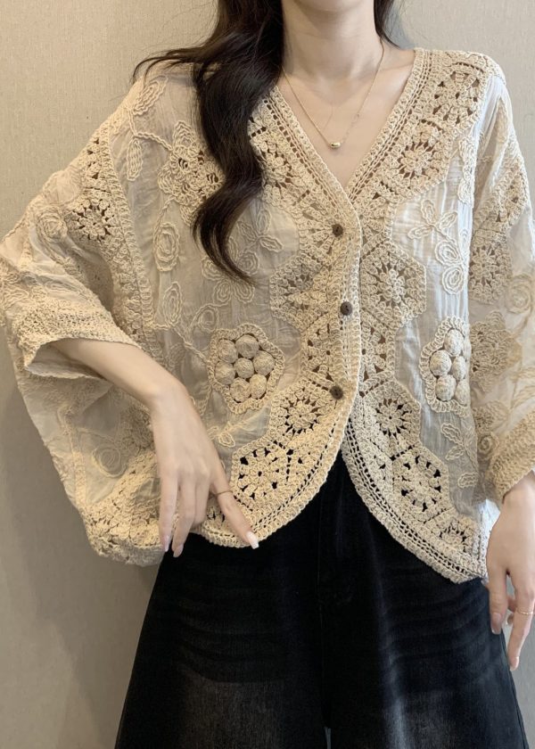 Handmade Apricot V Neck Hollow Out Button Cardigan Spring - Image 5