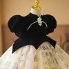 Handmade Black Floral Patchwork Tulle Girls Long Dresses Short Sleeve