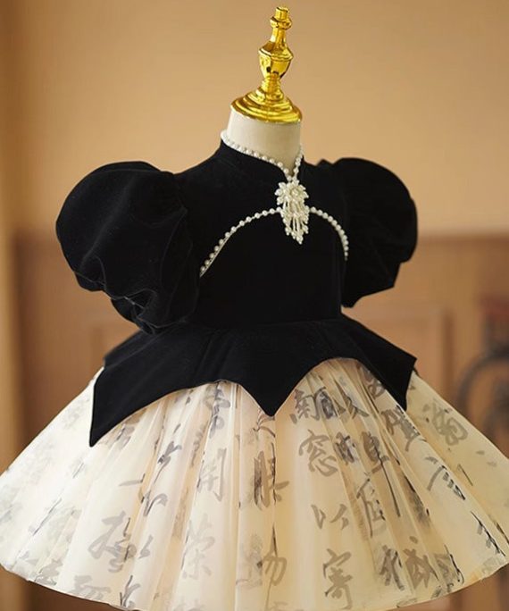 Handmade Black Floral Patchwork Tulle Girls Long Dresses Short Sleeve