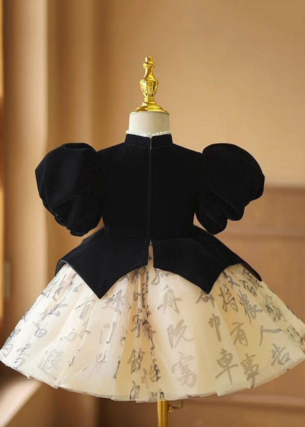 Handmade Black Floral Patchwork Tulle Girls Long Dresses Short Sleeve - Image 5