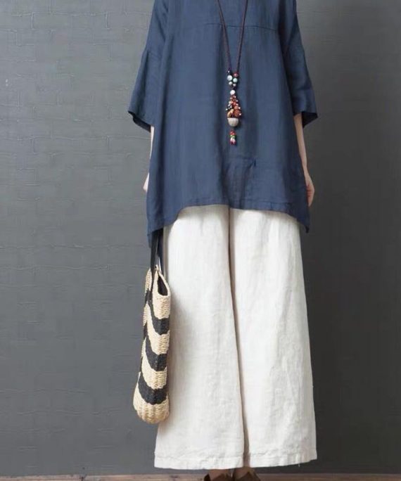 Handmade Blue Linen Cotton low high design Shirt Top