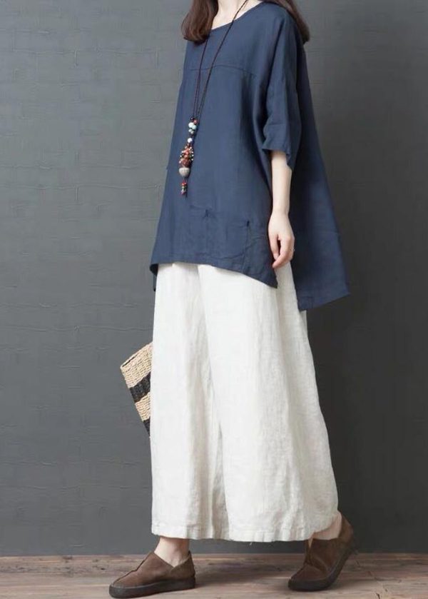 Handmade Blue Linen Cotton low high design Shirt Top - Image 2