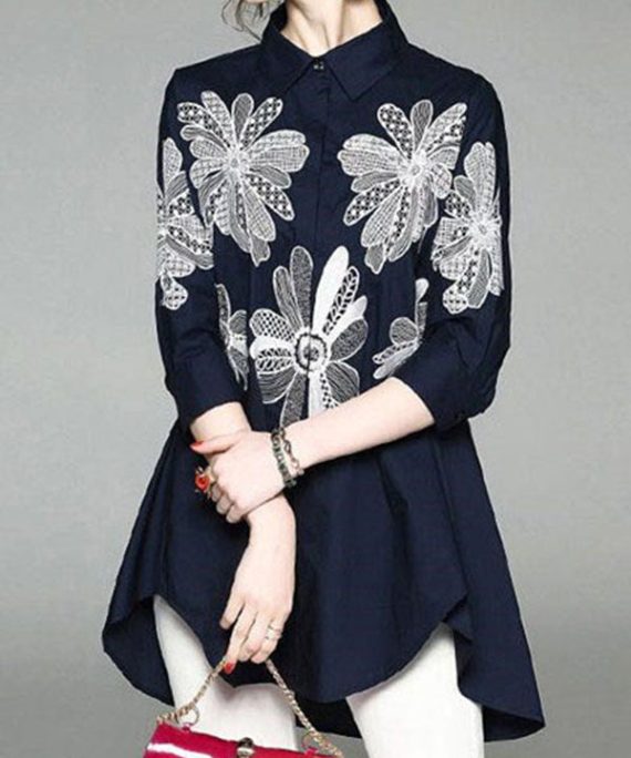 Handmade Blue Peter Pan Collar Embroidered Asymmetrical Design Cotton Long Shirt Half Sleeve