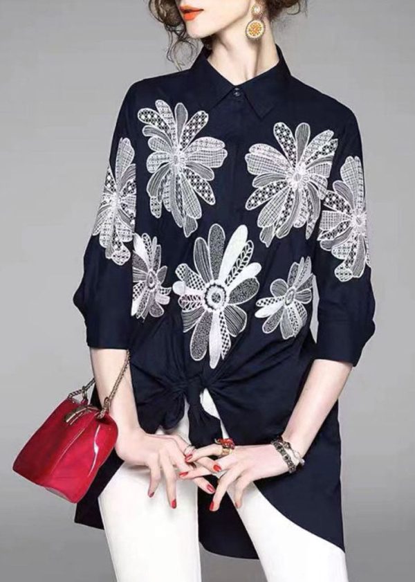 Handmade Blue Peter Pan Collar Embroidered Asymmetrical Design Cotton Long Shirt Half Sleeve - Image 2