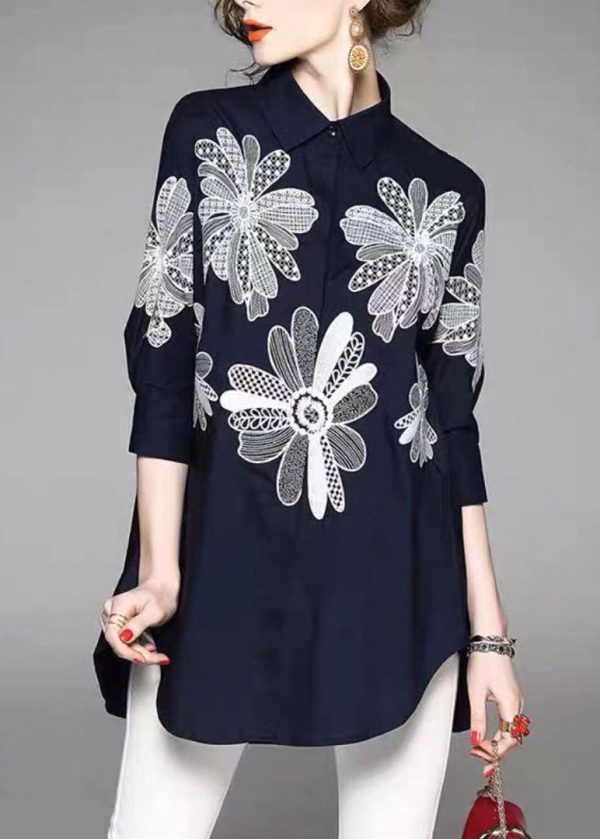 Handmade Blue Peter Pan Collar Embroidered Asymmetrical Design Cotton Long Shirt Half Sleeve - Image 3