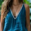 Handmade Blue V Neck Patchwork Cotton Tank Top Summer