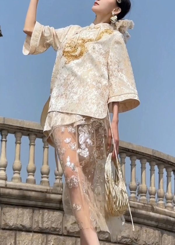 Handmade Chinese Button Embroidered Two Pieces Set Coat And Shorts Flare Sleeve - Image 5