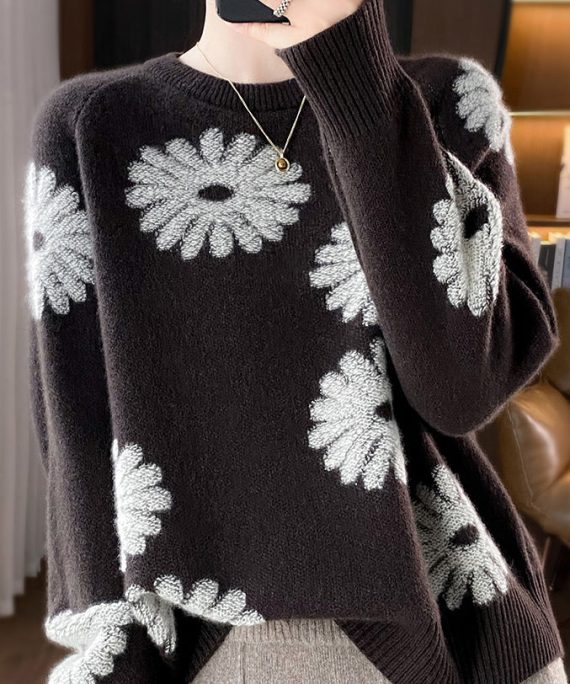 Handmade Chocolate O Neck Jacquard Woolen Sweaters Spring