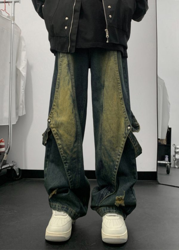 Handmade Denim Blue Pockets Patchwork Men Straight Pants Summer - Image 2