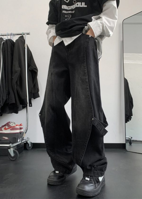 Handmade Denim Blue Pockets Patchwork Men Straight Pants Summer - Image 3