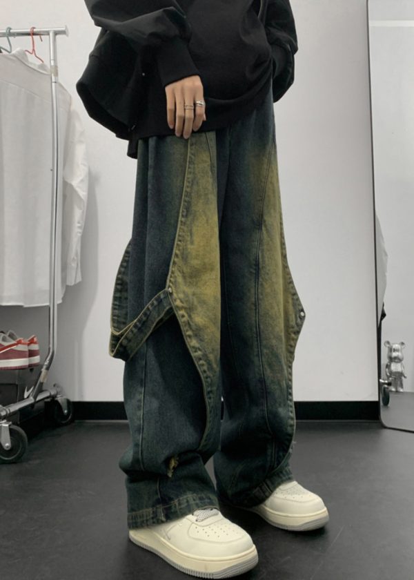 Handmade Denim Blue Pockets Patchwork Men Straight Pants Summer - Image 4
