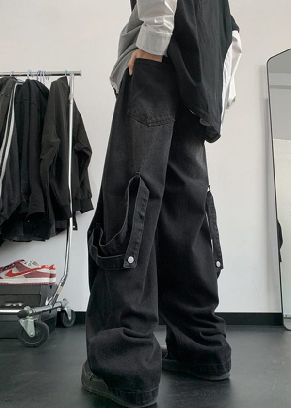 Handmade Denim Blue Pockets Patchwork Men Straight Pants Summer - Image 5