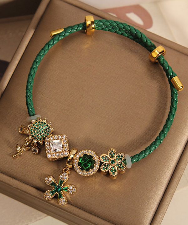 Handmade Green Sterling Silver Overgild Zircon Inlaid Gem Stone Sunflower Charm Bracelet - Image 2